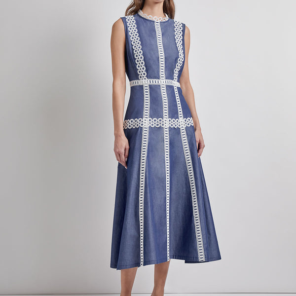 Fit & Flare Cotton Eyelet Trim Maxi Dress