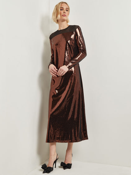 Misook Sequined A-Line Sheer Yoke Maxi Dress Misook Sequined A-Line Sheer Yoke Maxi Dress