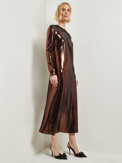 Modern Fit Sheer Shoulder Sequin A-Line Maxi Dress Modern Fit Sheer Shoulder Sequin A-Line Maxi Dress