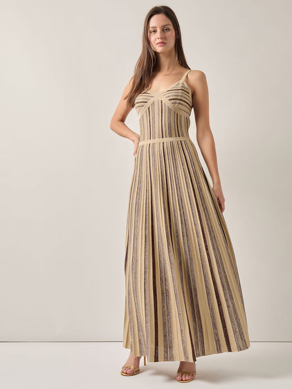 Misook Striped Knit Sleeveless Maxi Dress - Biscotti Mahogany Gold Misook Striped Knit Sleeveless Maxi Dress - Biscotti Mahogany Gold