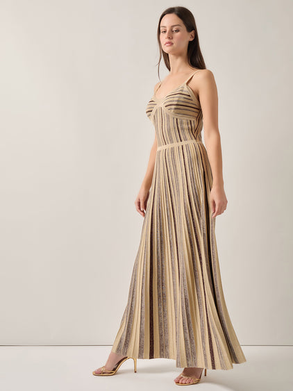 Misook Striped Knit Sleeveless Maxi Dress - Biscotti Mahogany Gold