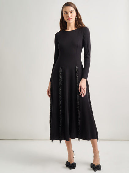 Misook Princess Seam Fringe Trim Knit Dress