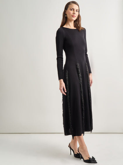 Misook Princess Seam Fringe Trim Knit Dress - Black