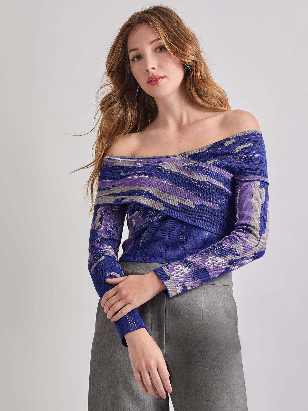 Modern Fit Cropped Cross Body Watercolor Soft Knit Top
