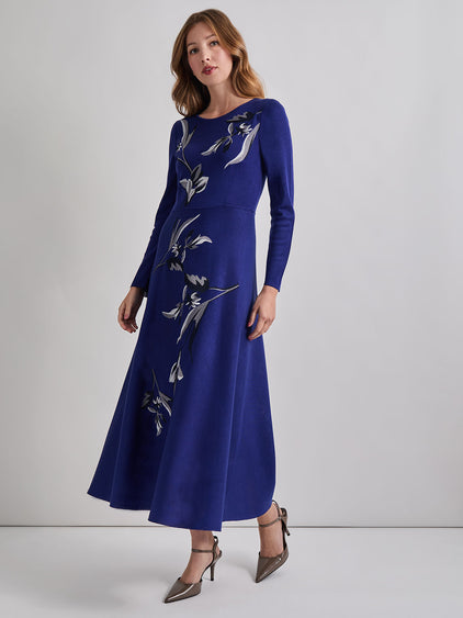 Misook Floral Embroidered Long-Sleeve Midi-Dress - Starry Night Blue Misook Floral Embroidered Long-Sleeve Midi-Dress - Starry Night Blue