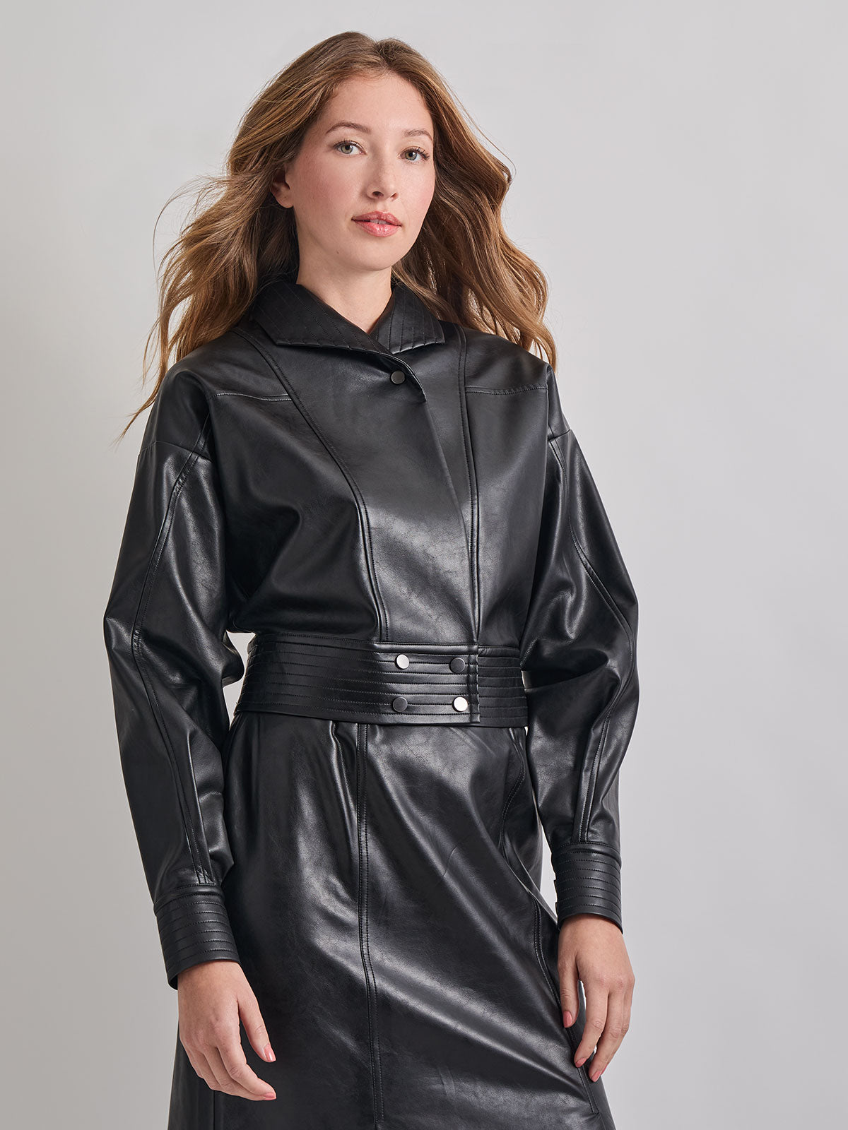 Modern Fit-and-Flare Vegan Leather Princess Seam Maxi Dress Modern Fit-and-Flare Vegan Leather Princess Seam Maxi Dress