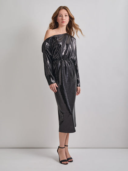 blouson dress midi Misook Sequined One-Shoulder Blouson Maxi Dress