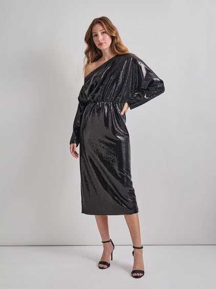 modern sequin dress Misook Sequined One-Shoulder Blouson Maxi Dress