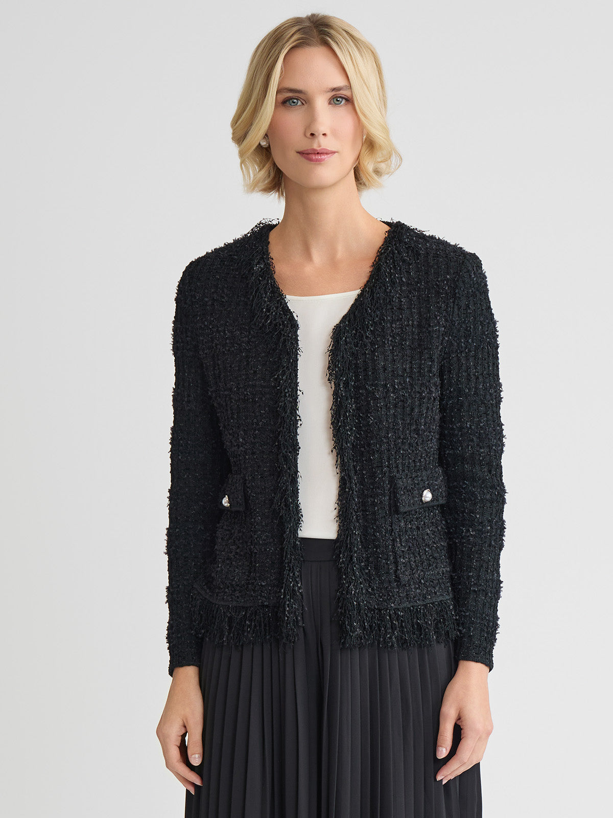 Tailored Eyelash Fringe Trim Knit Jacket