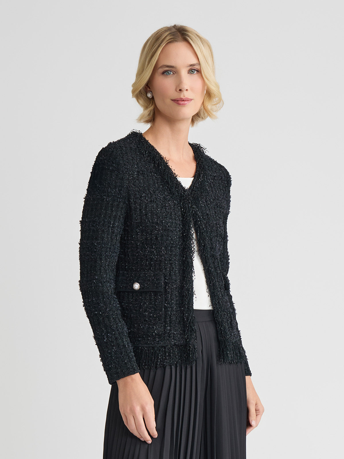 Tailored Eyelash Fringe Trim Knit Jacket