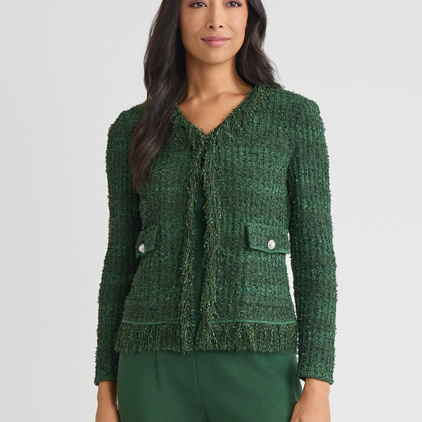 Tailored Eyelash Fringe Trim Knit Jacket