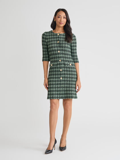 Plaid Multi-Stitch Knit Sheath Dress