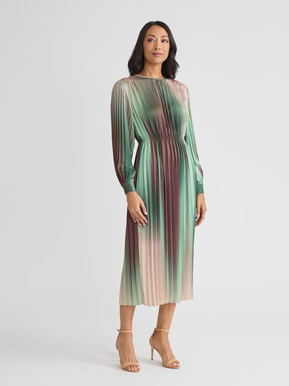 Pleated Ombre Crepe de Chine Maxi Dress