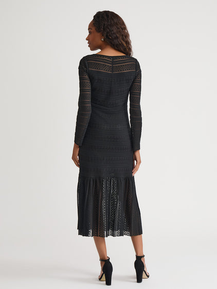Fit & Flare Lined Sheer Lace Soft Knit Maxi Dress Black / L Fit & Flare Lined Sheer Lace Soft Knit Maxi Dress Black / L