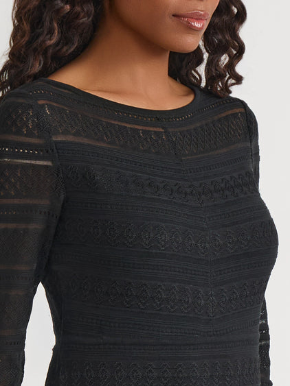 Fit & Flare Lined Sheer Lace Soft Knit Maxi Dress Black / L