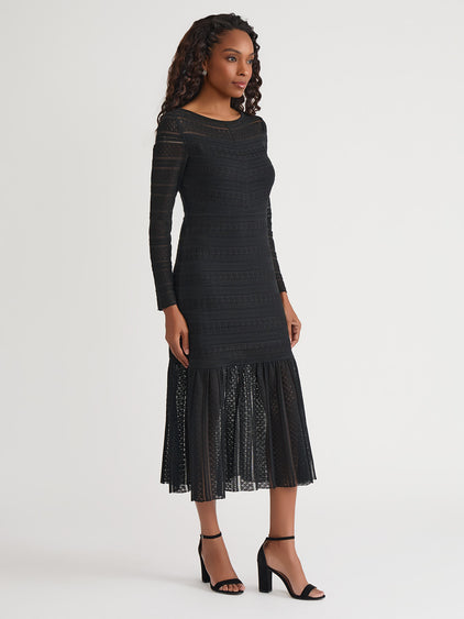 Fit & Flare Lined Sheer Lace Soft Knit Maxi Dress Black / L Fit & Flare Lined Sheer Lace Soft Knit Maxi Dress Black / L