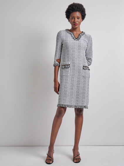 Misook Fringe Trim Shift Dress - White/Black Misook Fringe Trim Shift Dress - White/Black