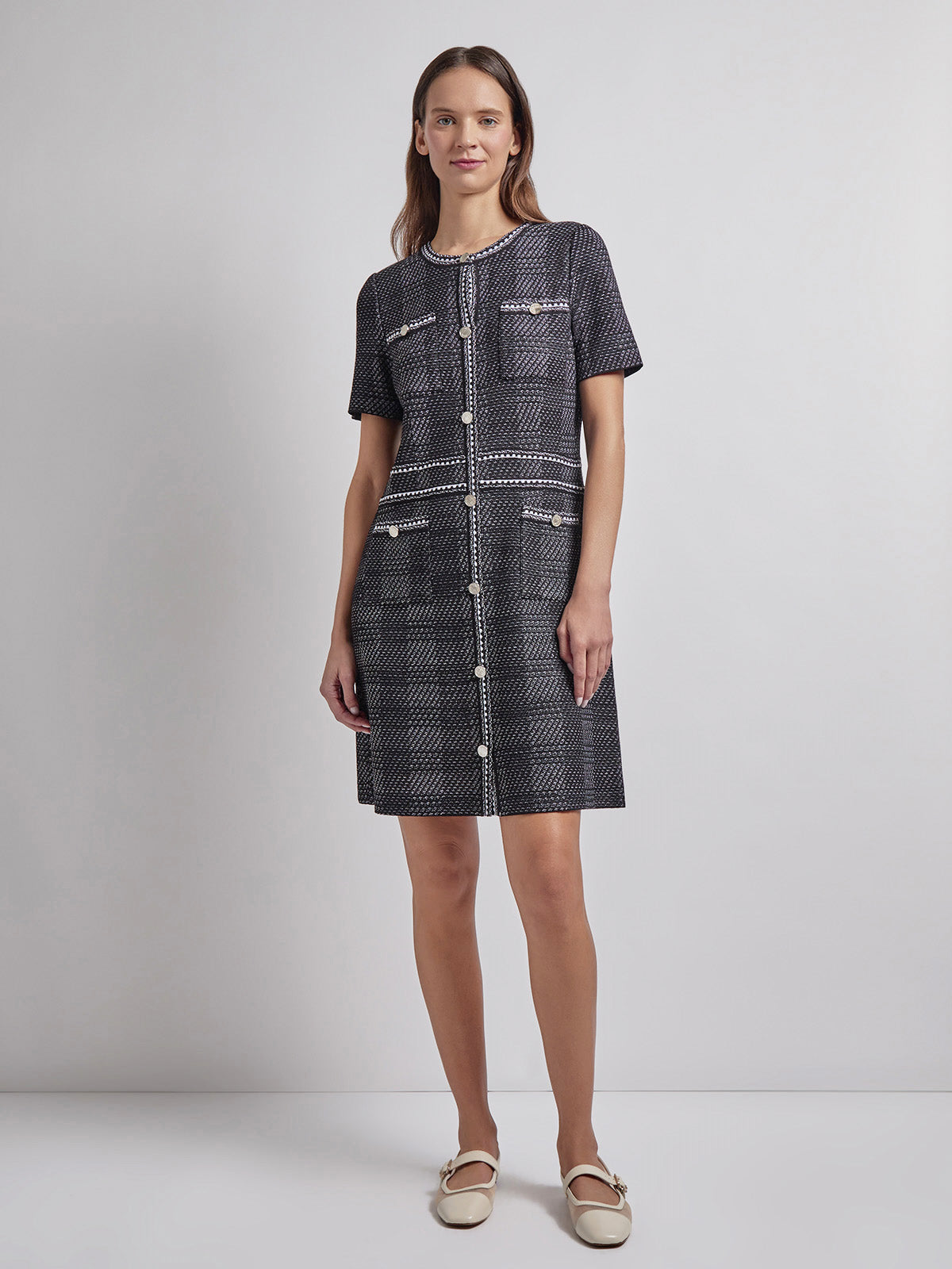 Belted Button Front Tweed Knit Midi Dress