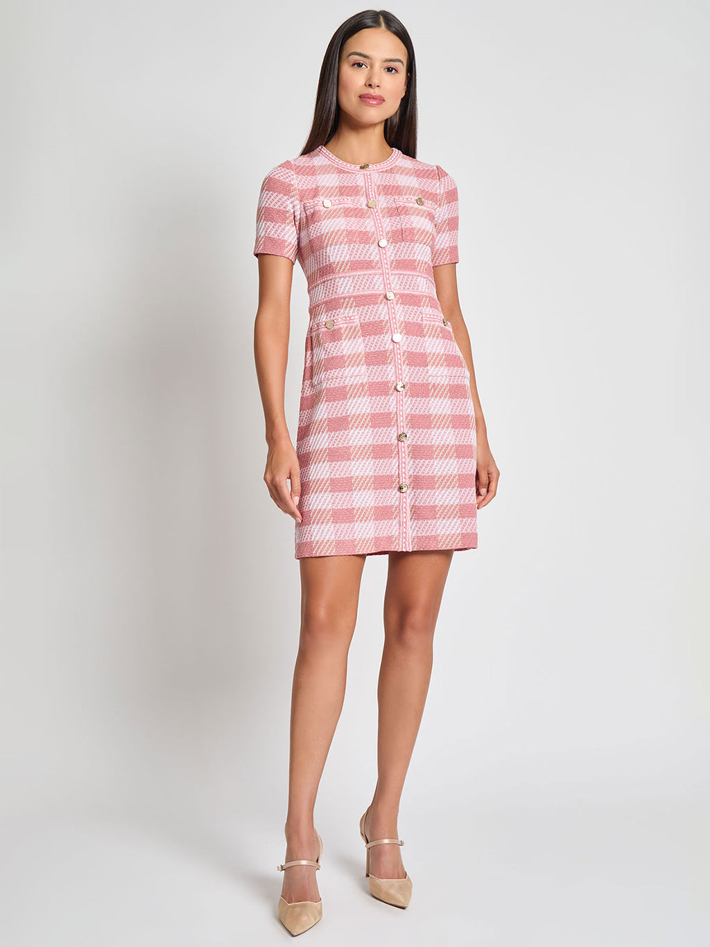 Bold Plaid Tweed Knit Sheath Dress - Modern Fit