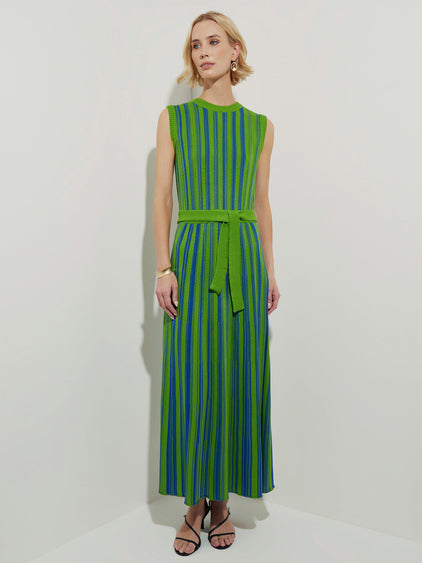 Misook Rib Knit Striped Maxi Dress - Satin Sky/Green - XS