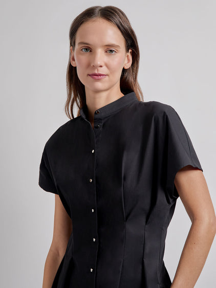 Misook Stand Collar Button Front Midi Dress - Black