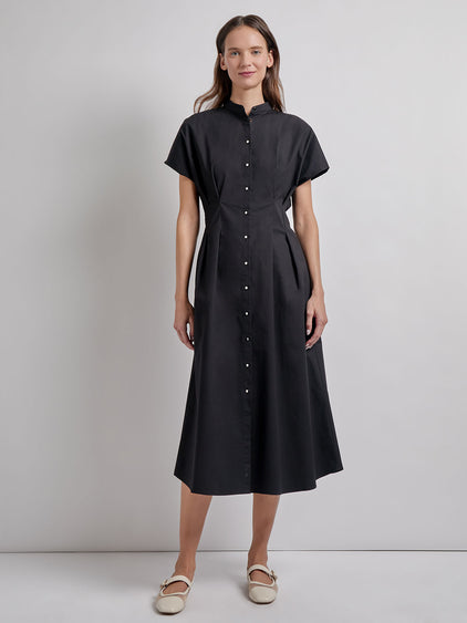 Misook Stand Collar Button Front Midi Dress - Black