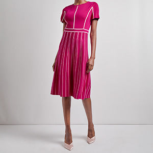 Contrast Stripe A-Line Soft Knit Dress - Modern Fit Pink Flash/White / XXS
