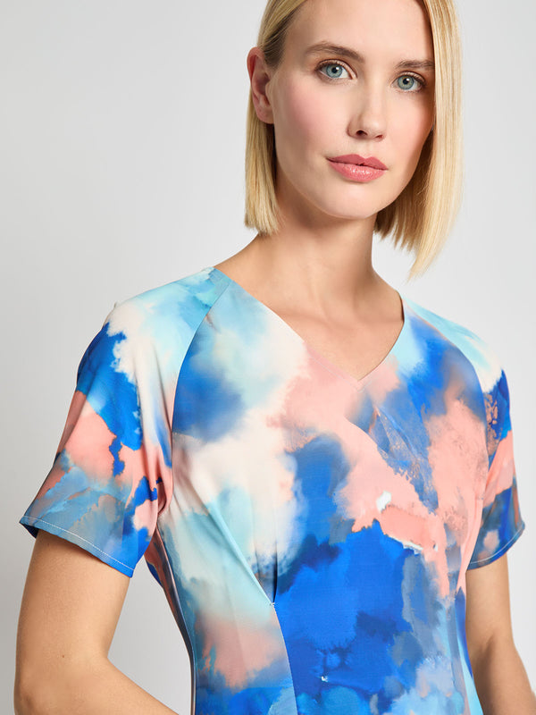 Fit & Flare Watercolor Crepe de Chine Maxi Dress