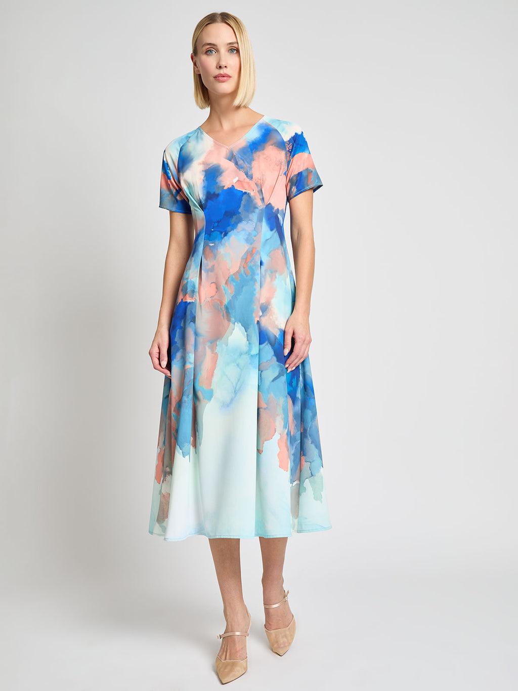 Fit & Flare Watercolor Crepe de Chine Maxi Dress