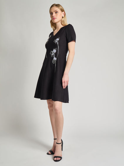 Fit-and-Flare Embroidered Detail Knit Dress - Modern Fit Fit-and-Flare Embroidered Detail Knit Dress - Modern Fit
