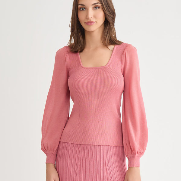 Balloon Sleeve Ribbed Knit Top - True Fit