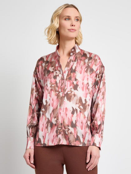 Brushstroke Printed Crepe de Chine Blouse - True Fit