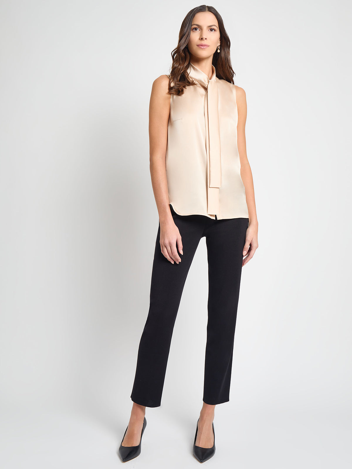 Tie-Neck Crepe de Chine Blouse, Biscotti - True Fit