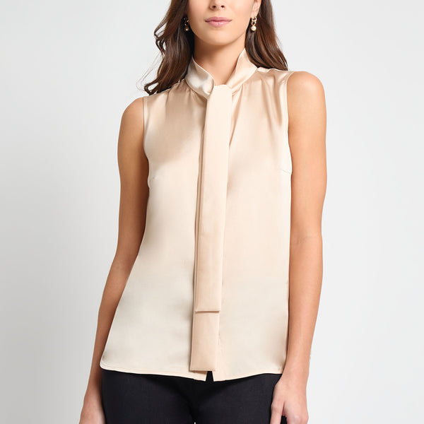 Tie-Neck Crepe de Chine Blouse, Biscotti - True Fit