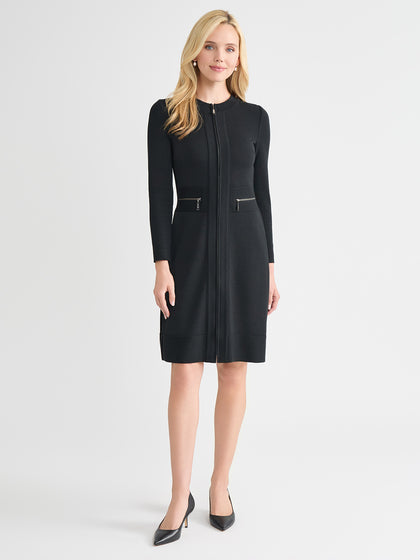 Zipper Front Sheath Knit Coat Dress - True Fit