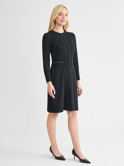 Zipper Front Sheath Knit Coat Dress - True Fit