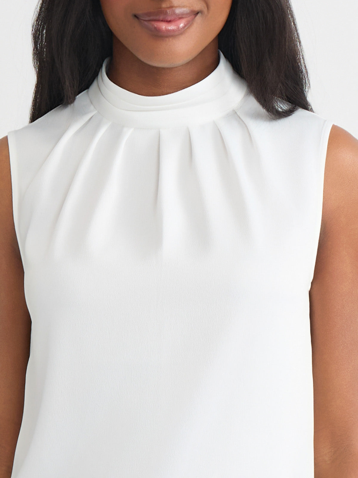 Pleated Mock Neck Crepe de Chine Blouse