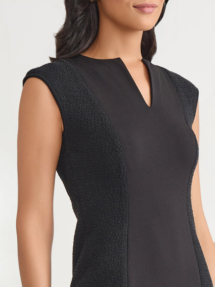 Misook Split Neck Mixed Media Mini Dress - Black
