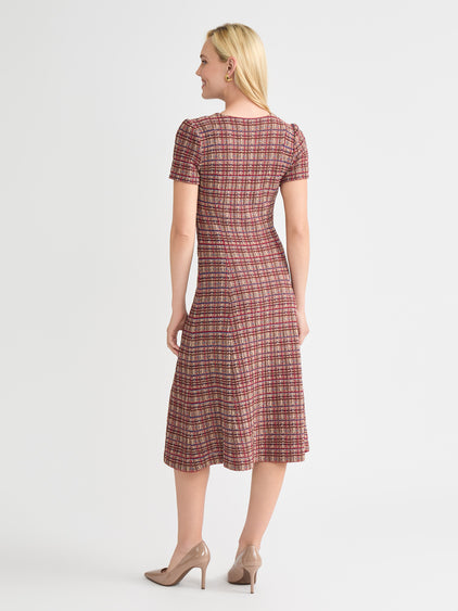 A-Line Plaid Multi-Stitch Knit Midi Dress