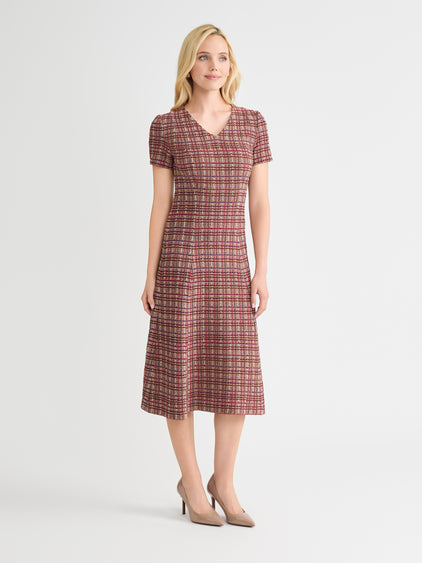A-Line Plaid Multi-Stitch Knit Midi Dress - True Fit Scarlet Red/Truffle/Sand/Lazuli Blue / L A-Line Plaid Multi-Stitch Knit Midi Dress - True Fit Scarlet Red/Truffle/Sand/Lazuli Blue / L