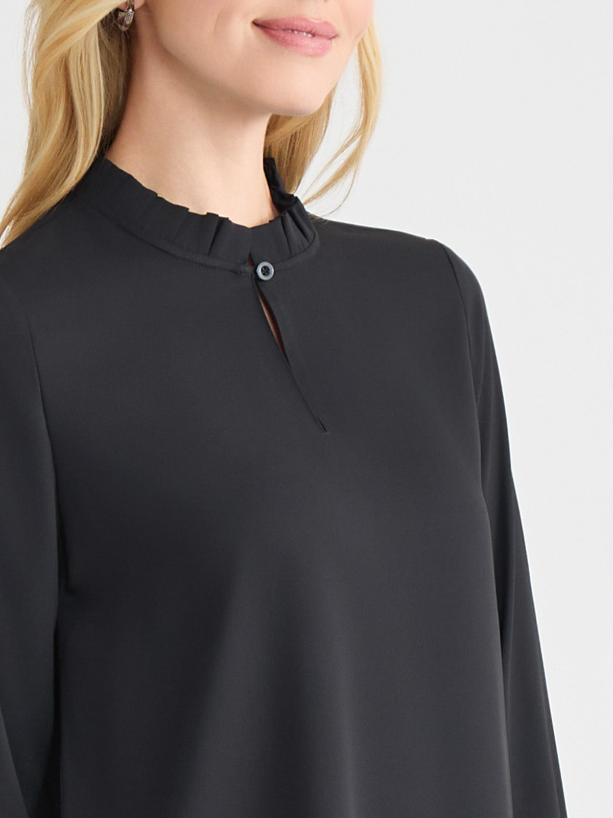 Keyhole Ruffle Neck Crepe de Chine Blouse - True Fit