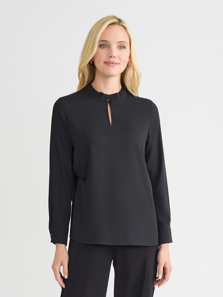 Keyhole Ruffle Neck Crepe de Chine Blouse - True Fit