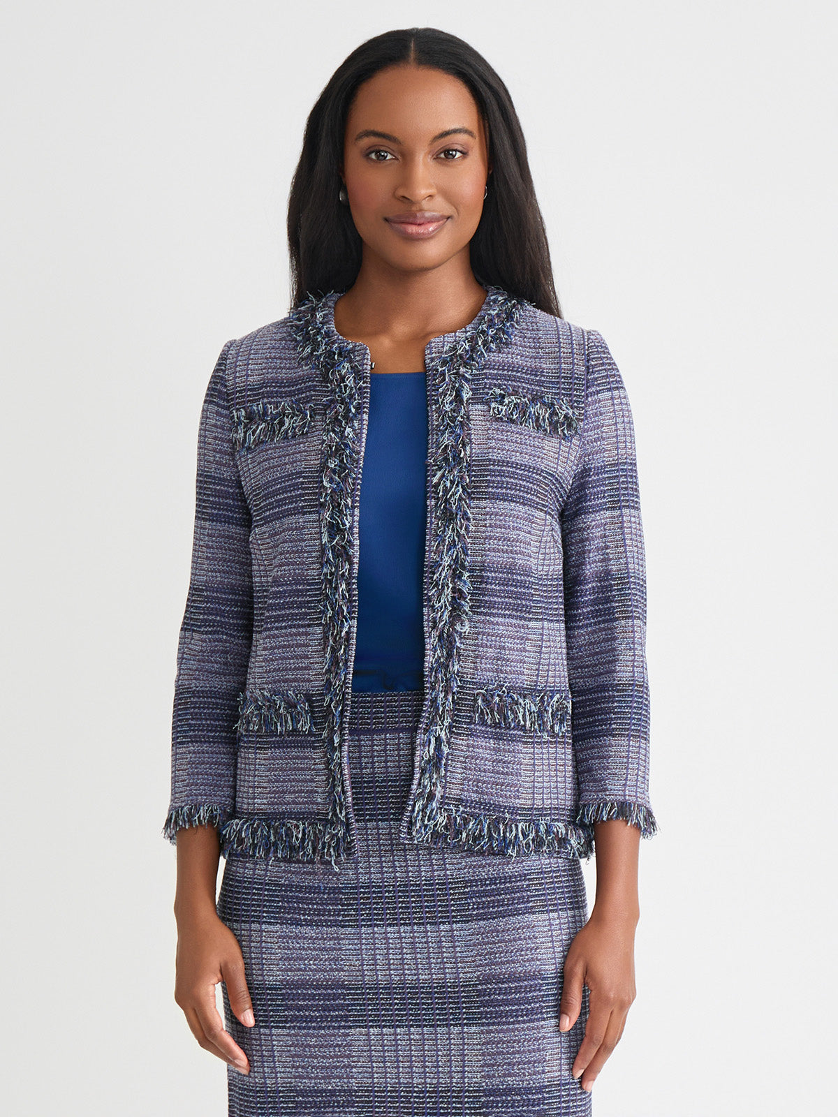 Heritage Plaid Fringe Trim Knit Jacket - True Fit