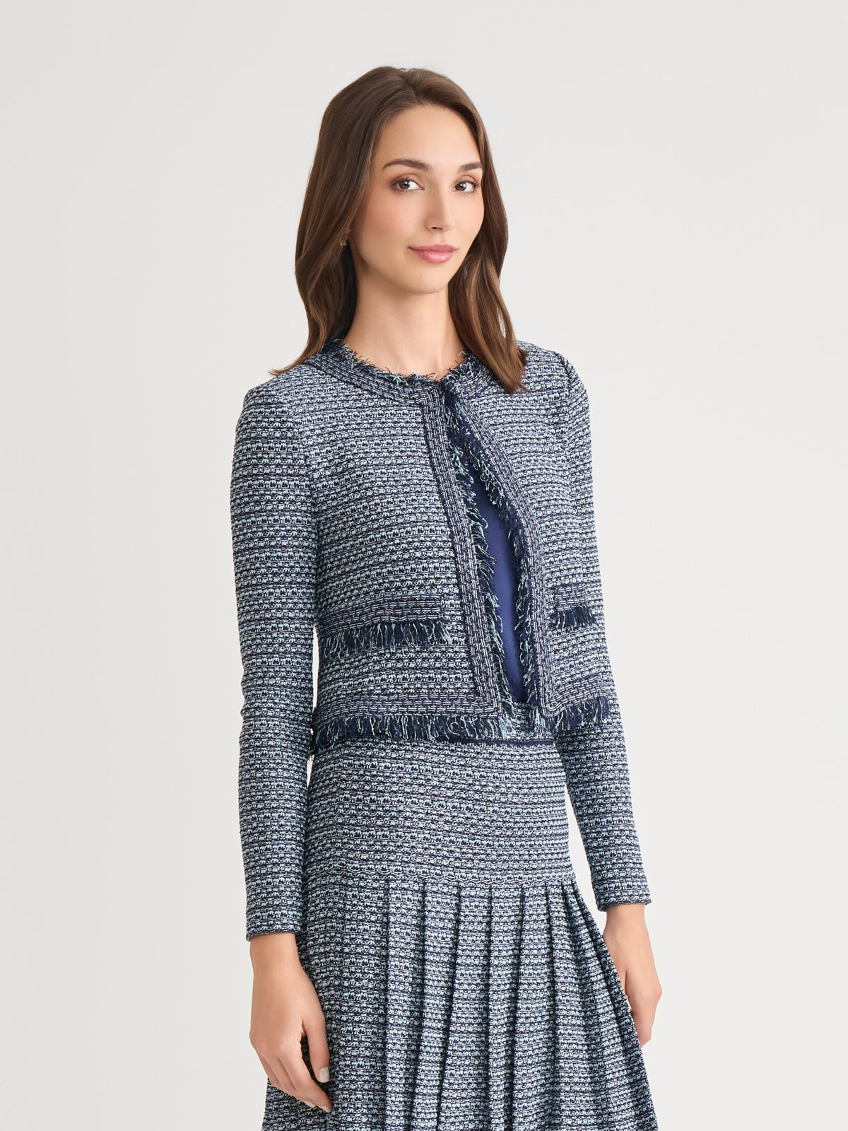 Heritage Fringe Trim Tweed Knit Cropped Jacket - True Fit