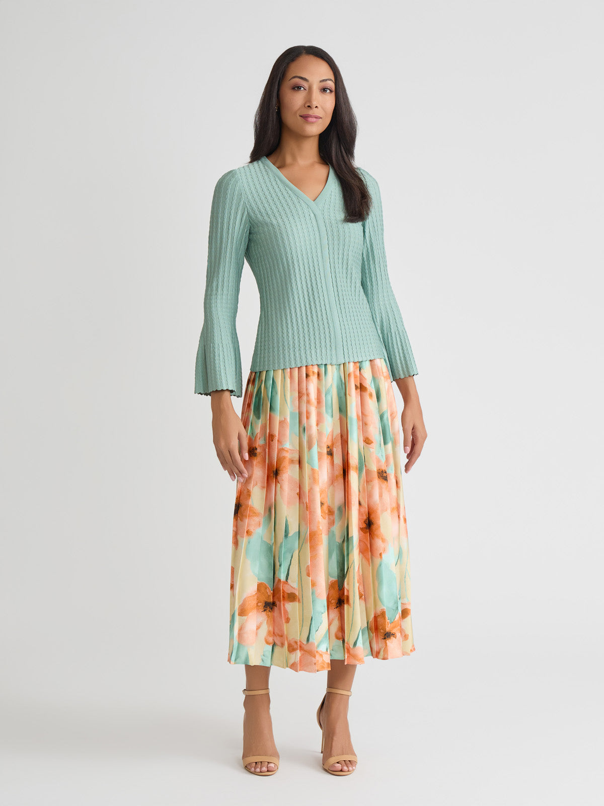 Floral Pleated Crepe de Chine Maxi Skirt