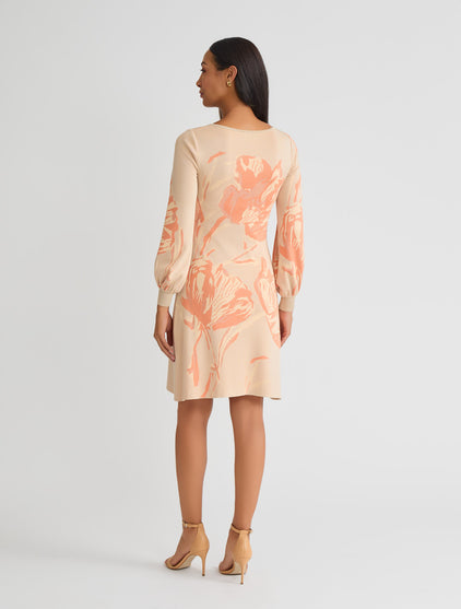 Misook Floral Print A-Line Knit Dress - Biscotti/Amber Glow/Sunglow Misook Floral Print A-Line Knit Dress - Biscotti/Amber Glow/Sunglow