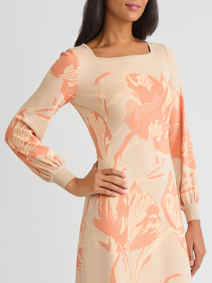 Floral A-Line Burnout Soft Knit Dress Biscotti/Amber Glow/Sunglow / S