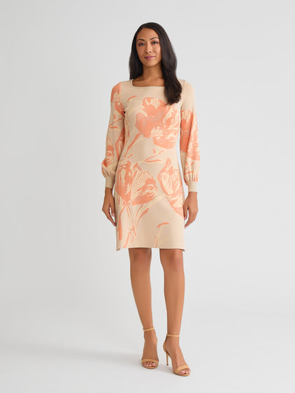 Misook Floral Print A Line Burnout Knit Dress - Biscotti/Amber Glow/Sunglow