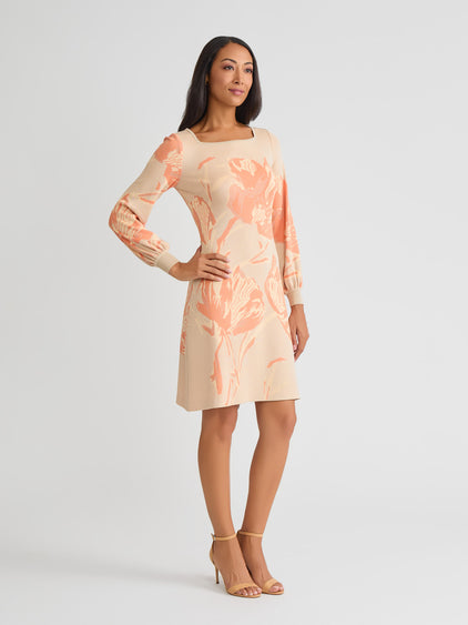 Misook Floral Print A-Line Knit Dress - Biscotti/Amber Glow/Sunglow Misook Floral Print A-Line Knit Dress - Biscotti/Amber Glow/Sunglow