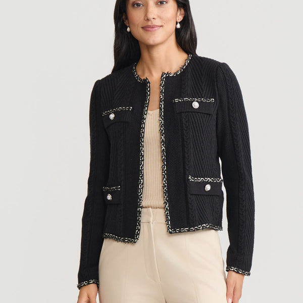 Heritage Eyelash Trim Cozy Ribbed Knit Jacket